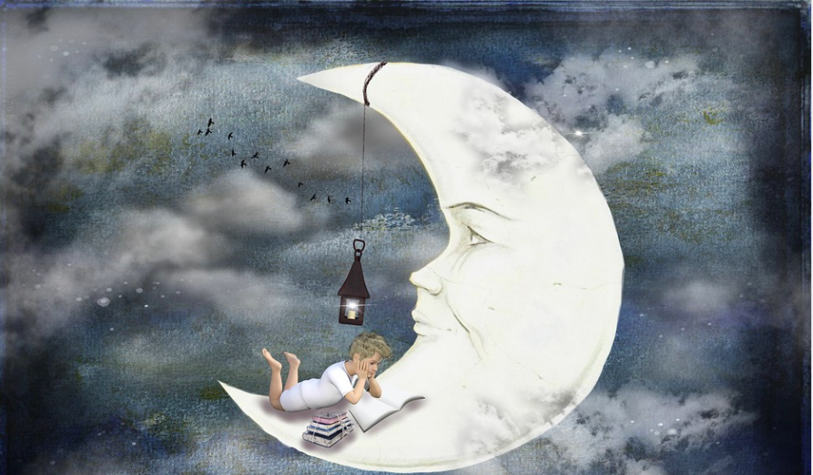 boy reading on the moon illustration